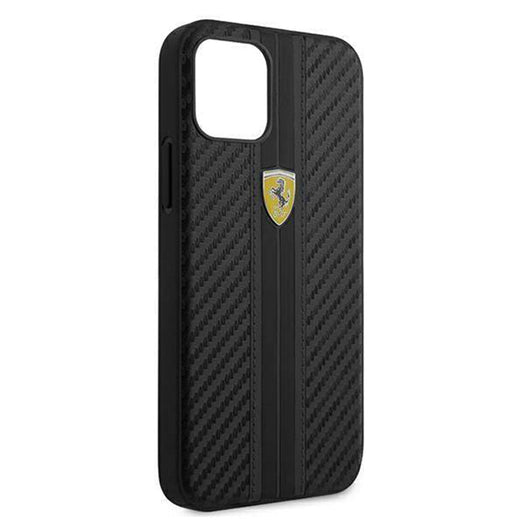 Ferrari Black Pu Leather Carbon Effect & Central Smooth Stripe Back Case with Metal Logo for iPhone 13 Pro Max - Premium Cases