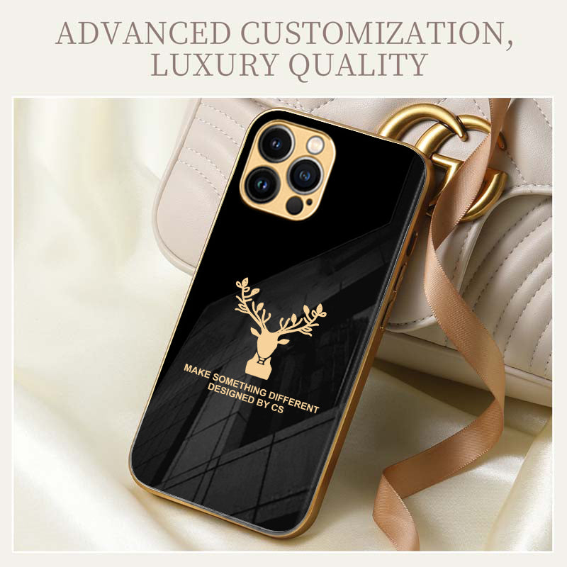 Premium Glass Back Deer Case With Golden Edges For iPhone 13 Pro Max
