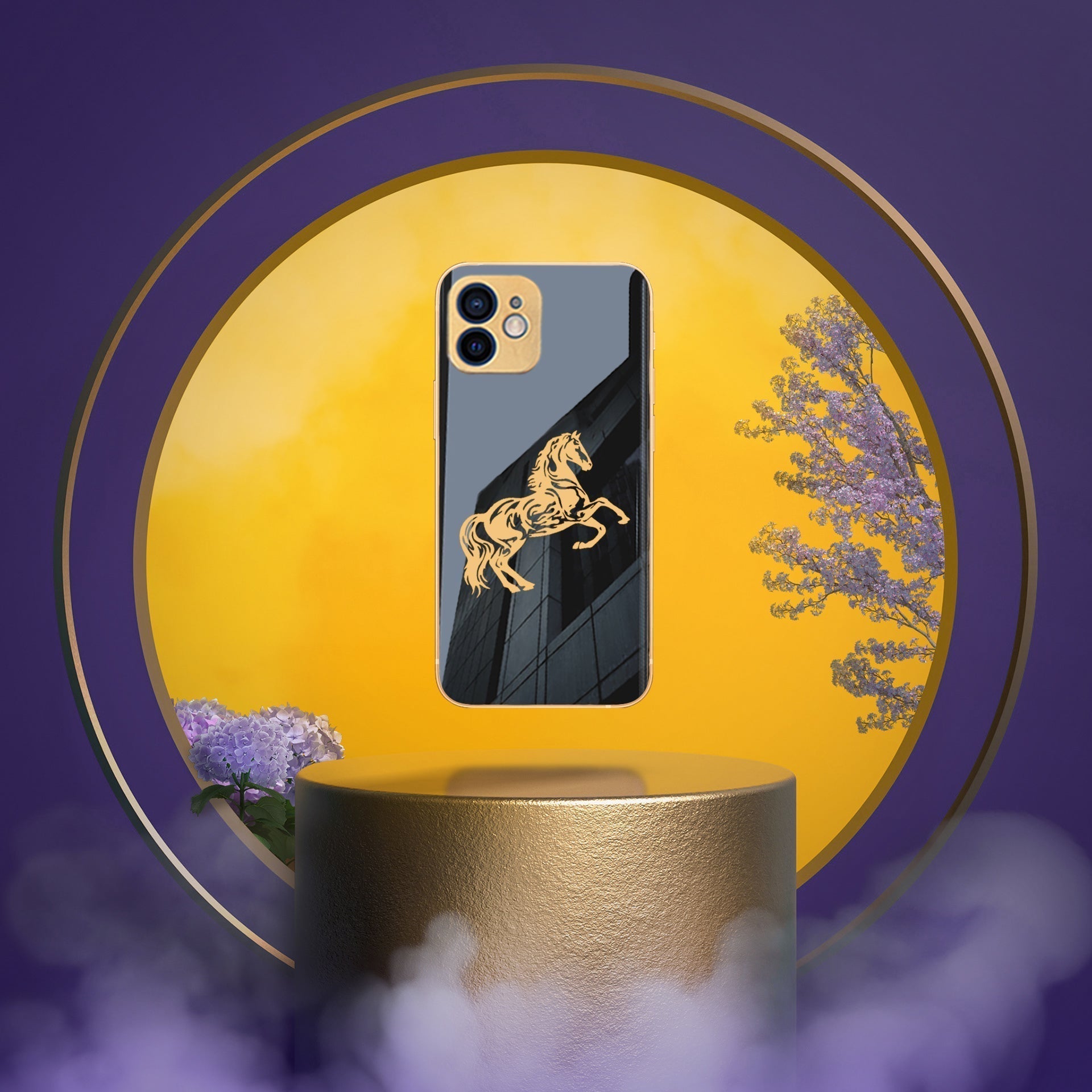 Luxury Horse Pattern Glass Back Case With Golden Edges For iPhone 11