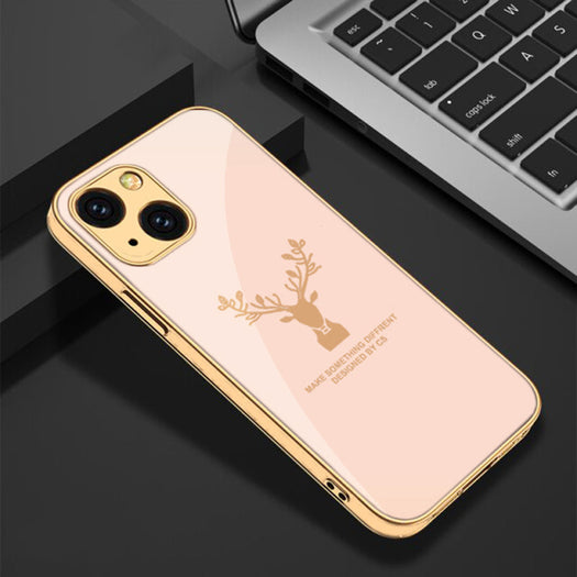 Luxury Golden Edges Deer Glass Back Case For iPhone 13 - Premium Cases