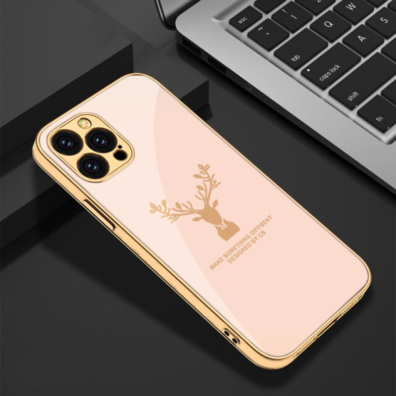 Luxury Golden Edges Deer Glass Back Case For iPhone 13 Pro Max - Premium Cases