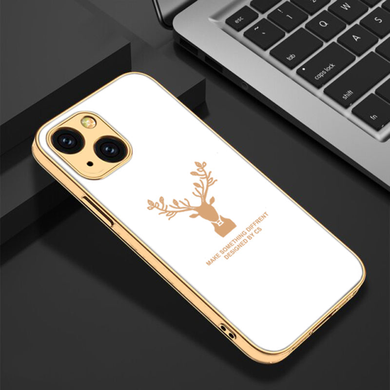Luxury Golden Edges Deer Glass Back Case For iPhone 13 - Premium Cases