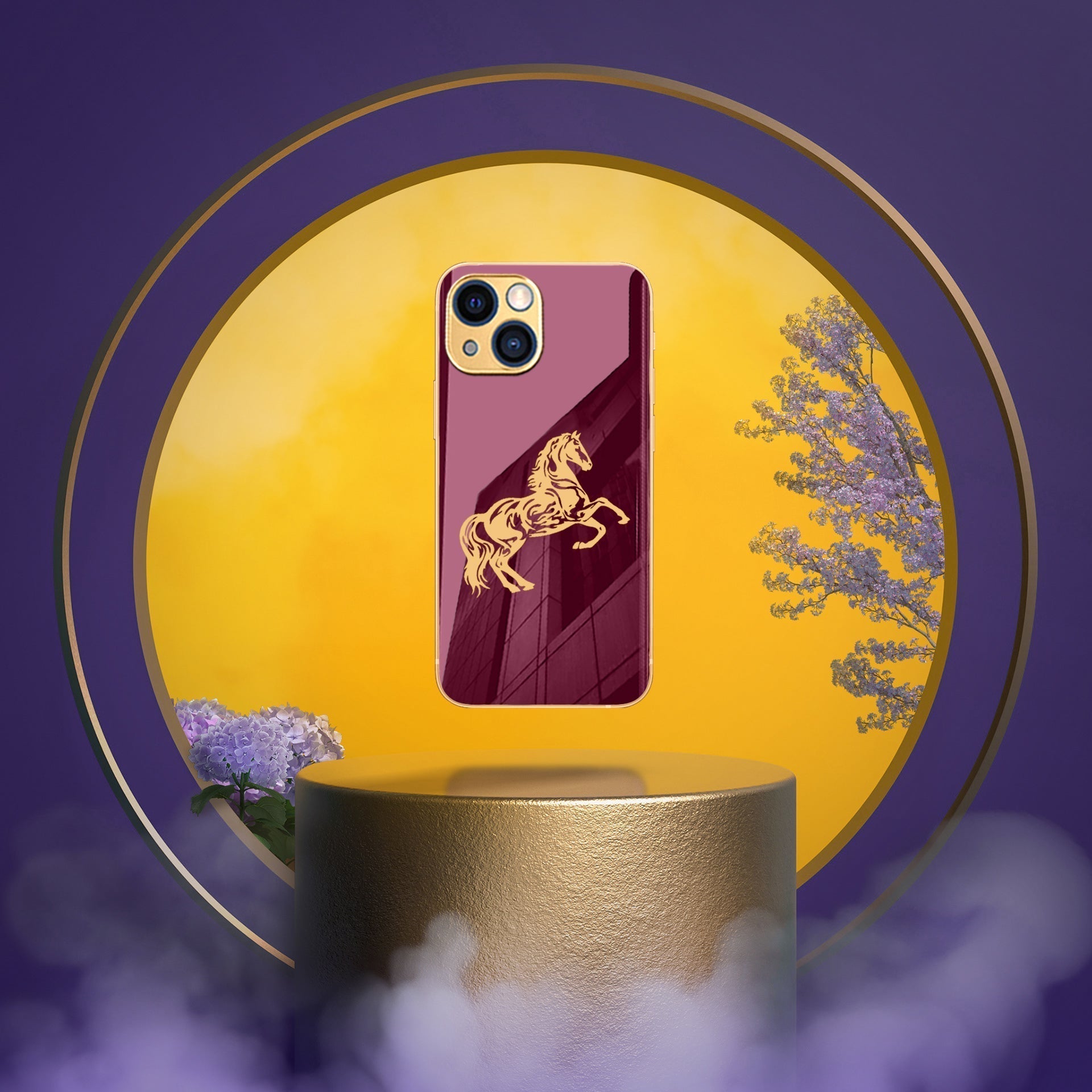 Luxury Horse Pattern Glass Back Case With Golden Edges For iPhone 13