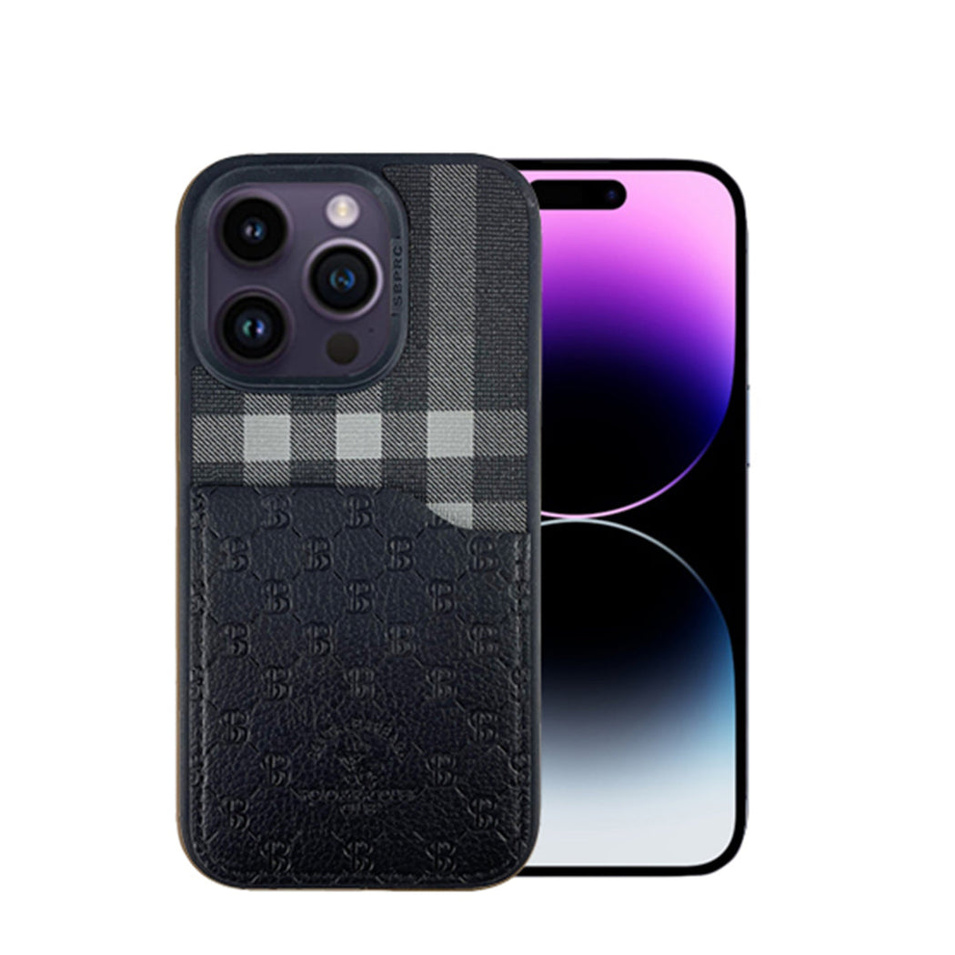 Santa Barbara Classic Plaid Series Genuine Leather Black Case For iPhone 14 Pro